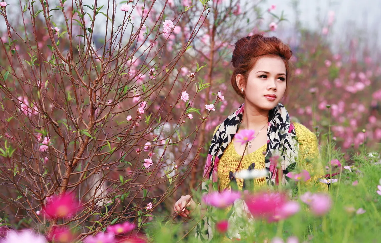 Photo wallpaper girl, flowers, nature