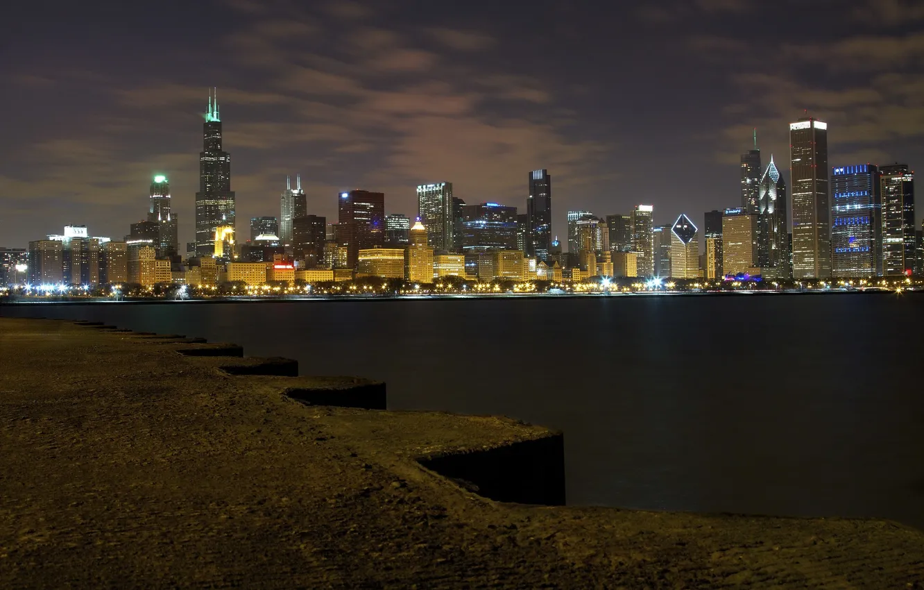 Photo wallpaper water, night, the city, lights, panorama, Chicago, chicago, Michigan