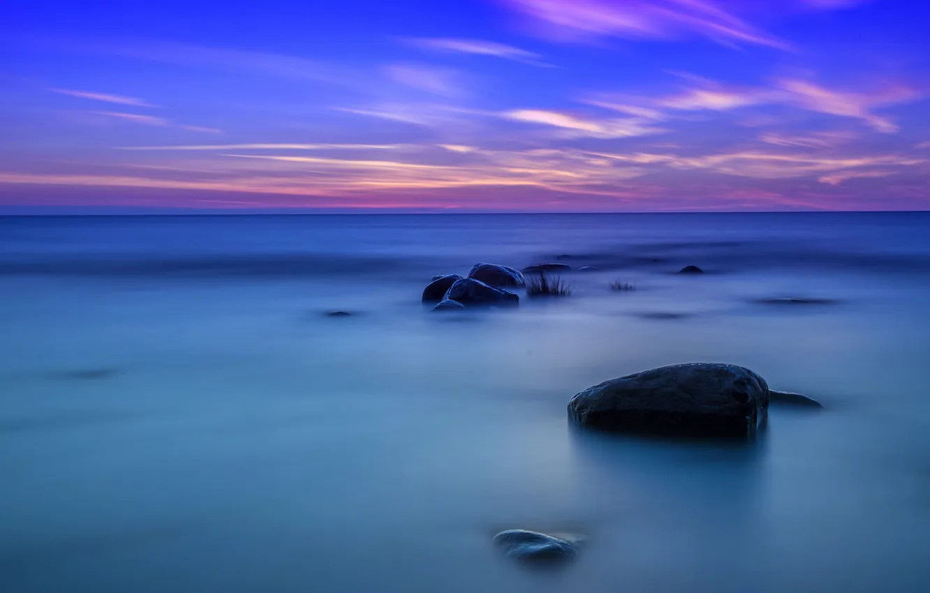 Photo wallpaper sea, the sky, clouds, stones, tide, glow