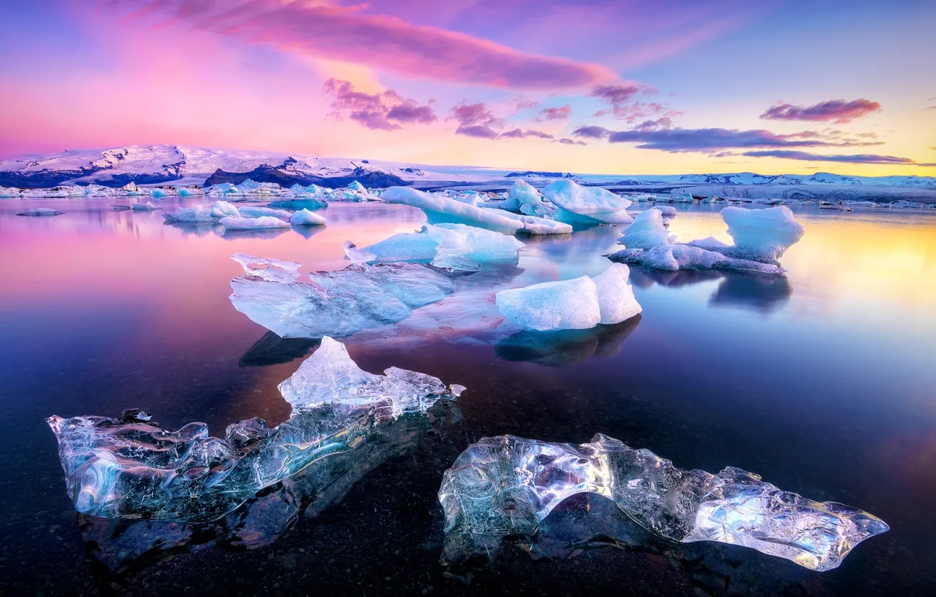 Photo wallpaper ice, winter, snow, mountains, lake, dawn