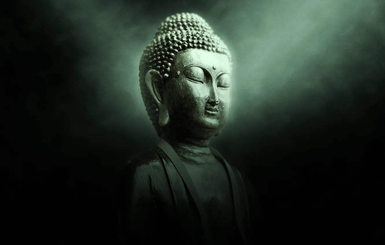 Photo wallpaper face, the dark background, Nirvana, calm, meditation, sculpture, religion, Buddha