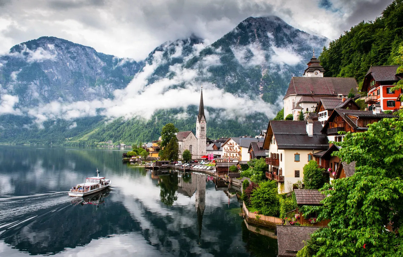 Photo wallpaper clouds, mountains, nature, the city, lake, home, Austria, Church