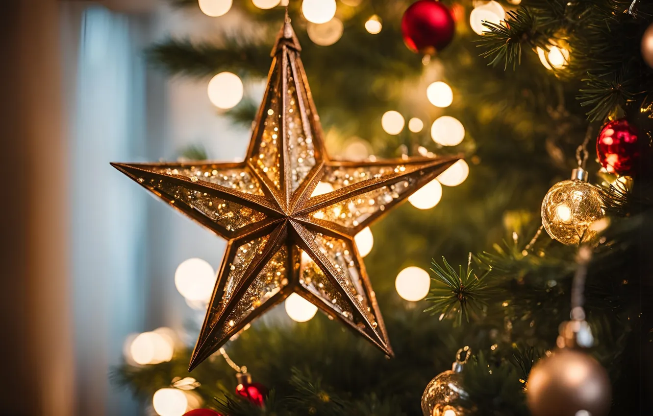 Photo wallpaper stars, new year, Christmas, garland, needles, AI art, neural network