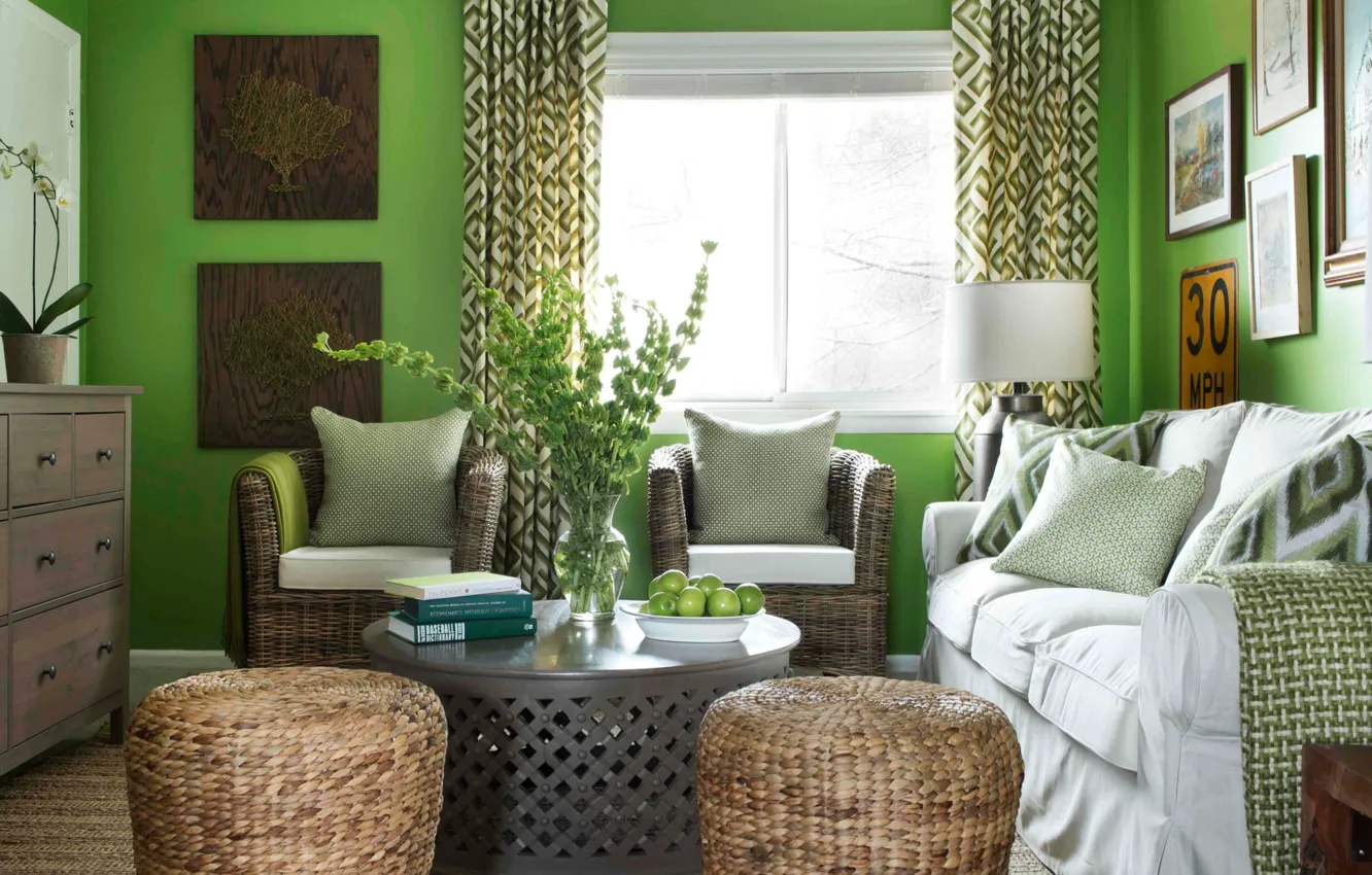 Photo wallpaper sofa, interior, picture, chair, coffee table, small living room