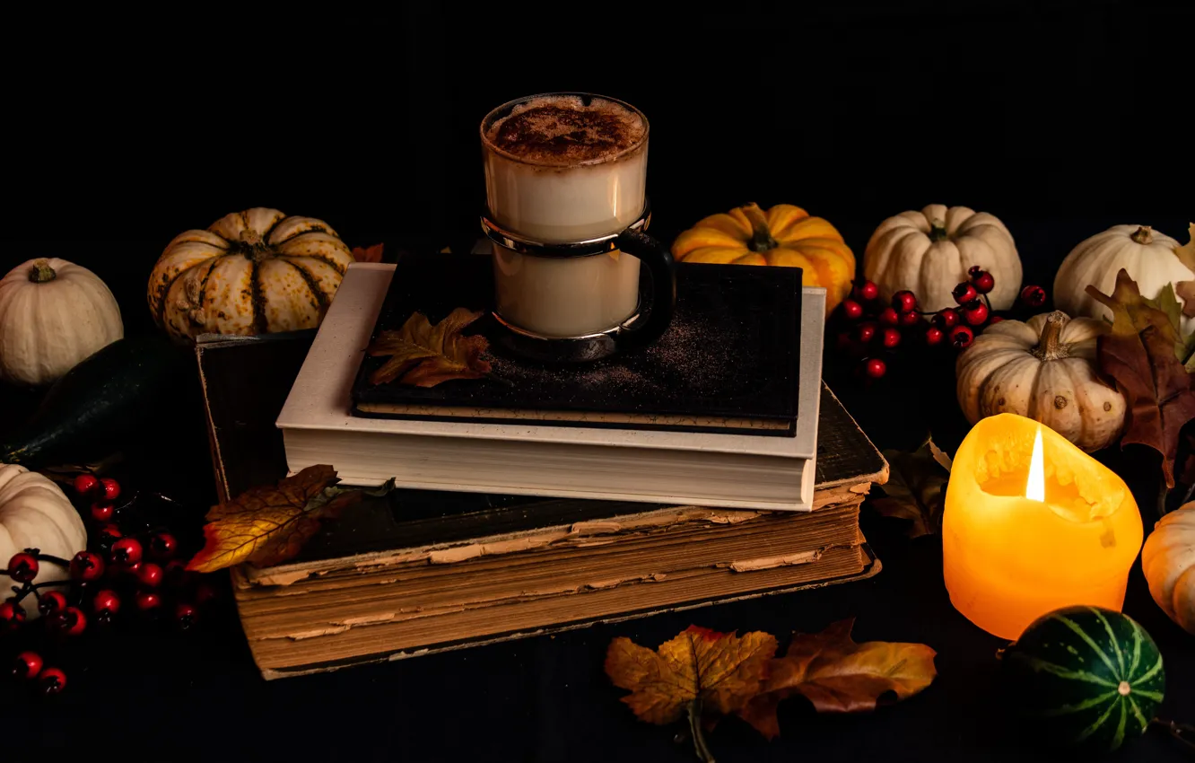 Photo wallpaper autumn, light, glass, berries, table, flame, books, coffee