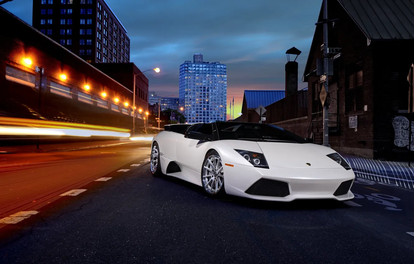 Photo wallpaper city, lights, Lamborghini, white, black, murcielago