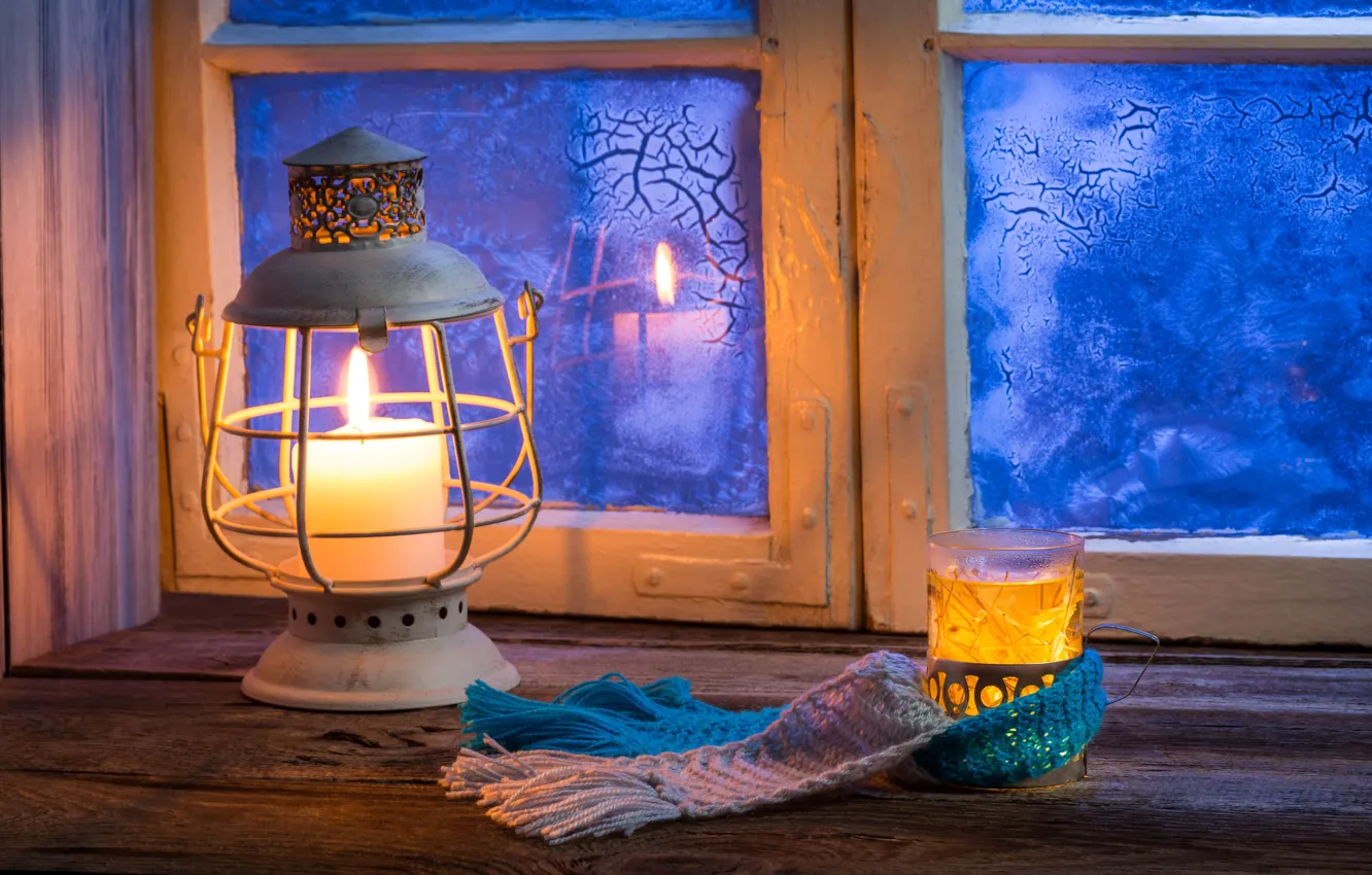 Photo wallpaper winter, glass, comfort, reflection, heat, patterns, lamp, candle
