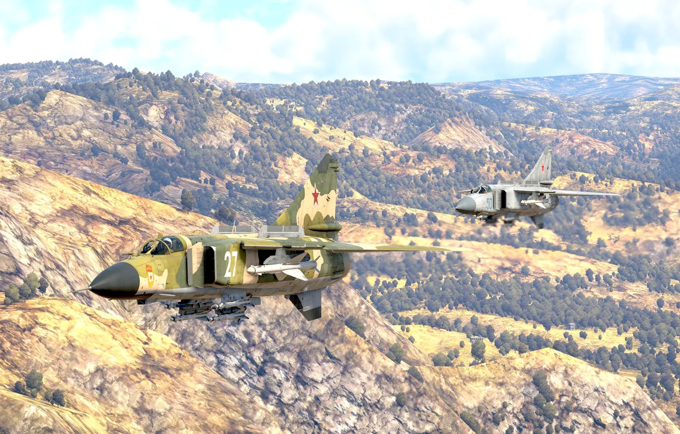 Photo wallpaper USSR, OKB MiG, Multi-role fighter, Variable wing geometry, MiG-23MLD paired with MiG-23ML