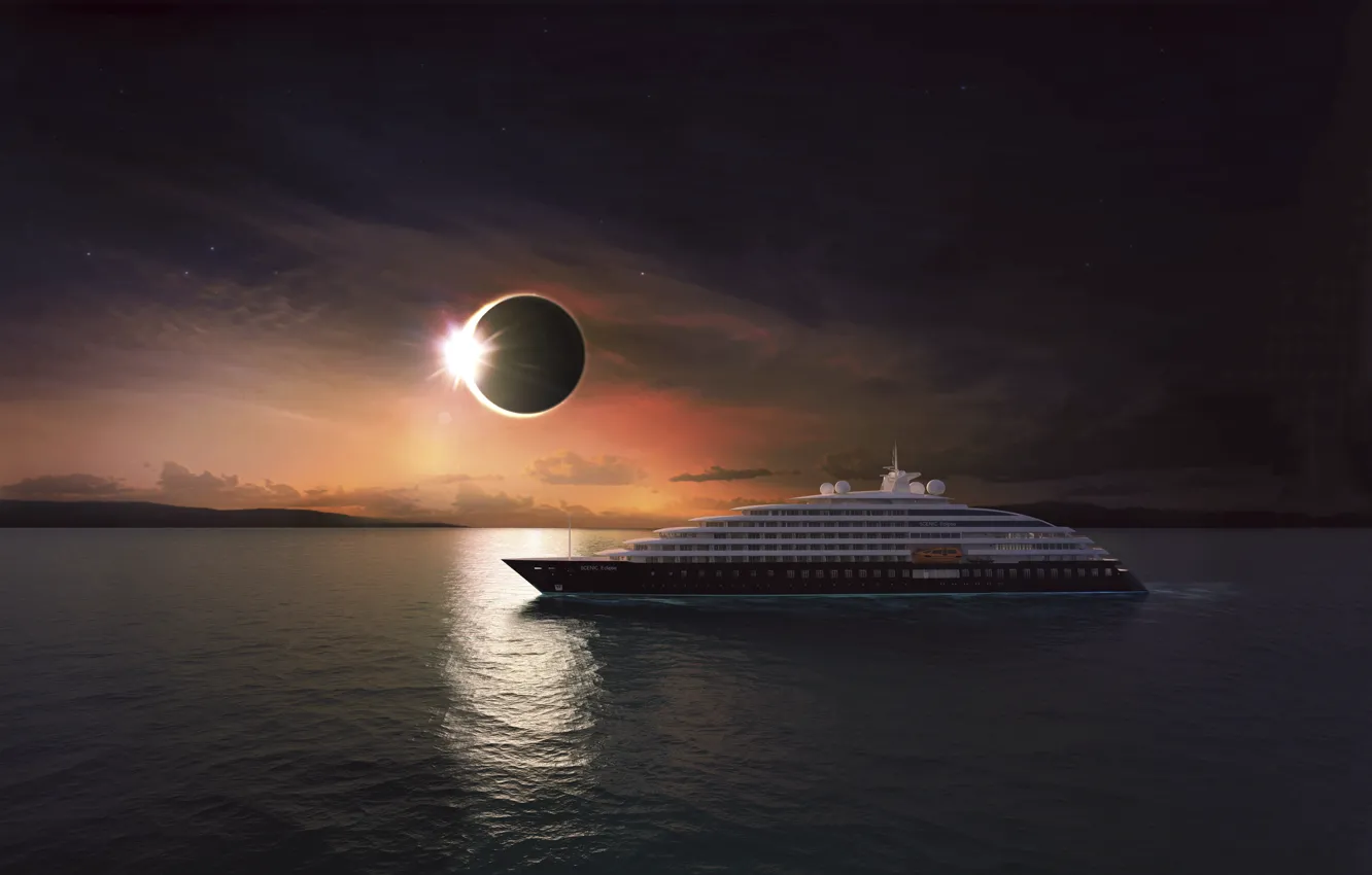Photo wallpaper The sun, The ocean, Sea, Yacht, The ship, Eclipse, Eclipse, Rendering