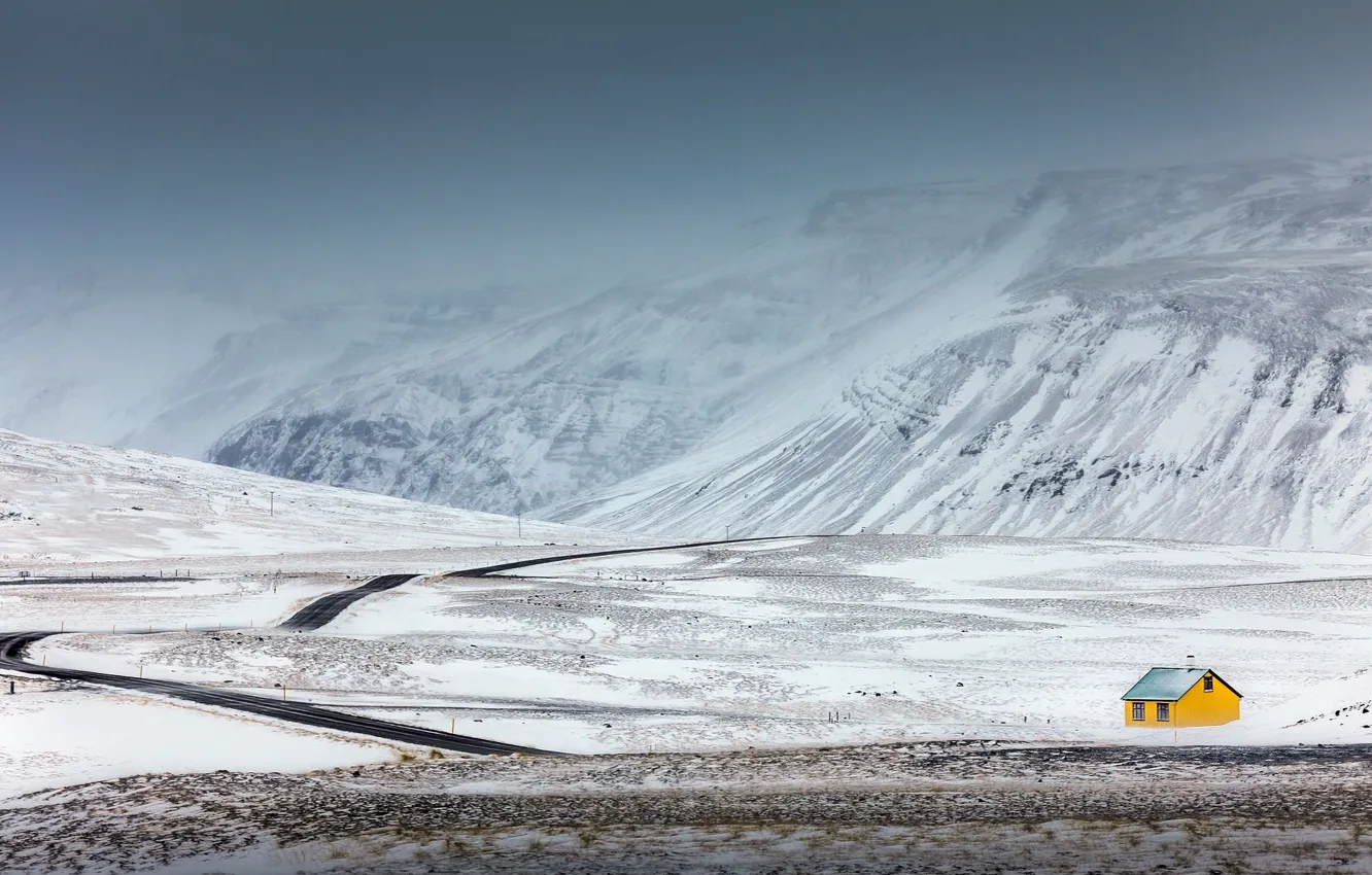 Photo wallpaper road, field, snow, mountains, home