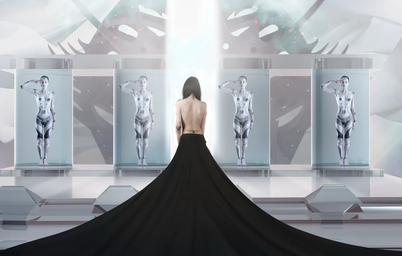 Photo wallpaper girl, rays, back, robot, tattoo