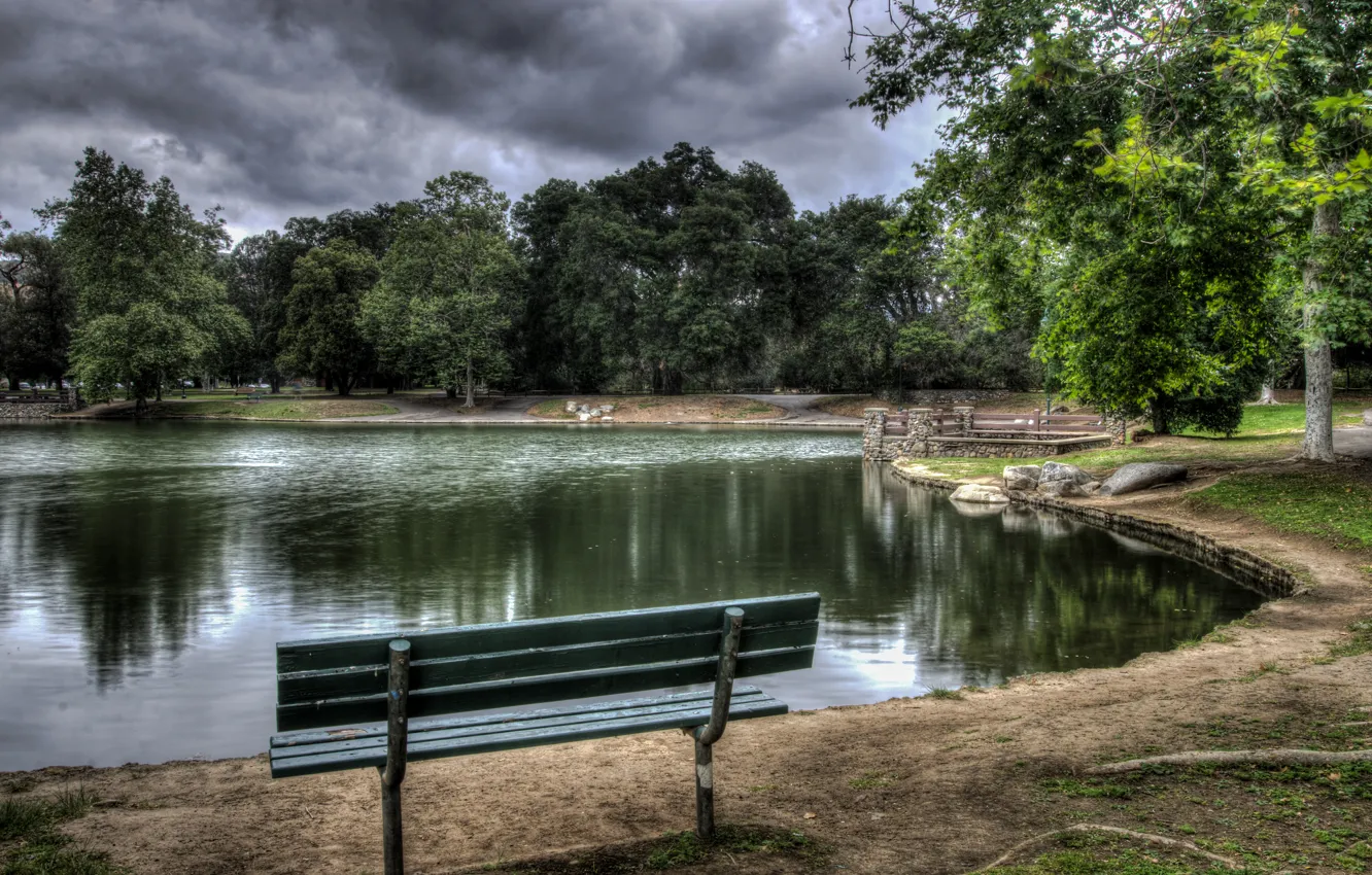 Photo wallpaper trees, bench, clouds, pond, Park, stones, overcast, CA