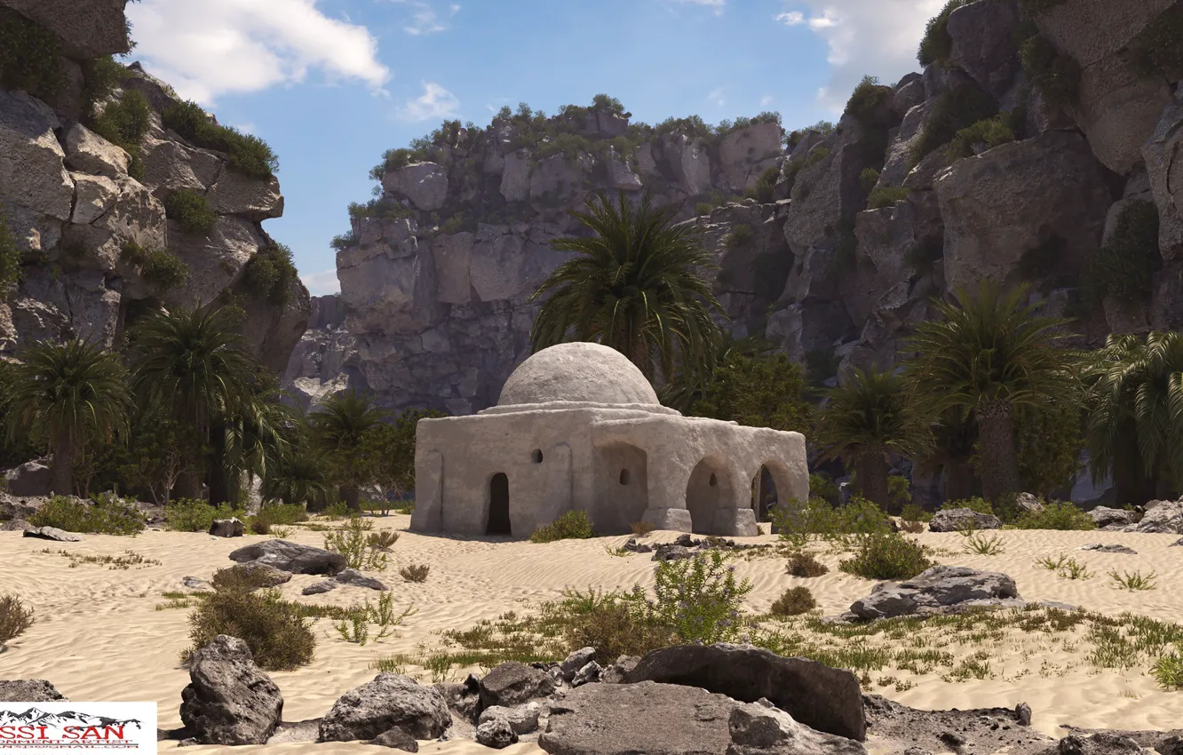 Photo wallpaper stones, rocks, vegetation, buildings, tatooine house