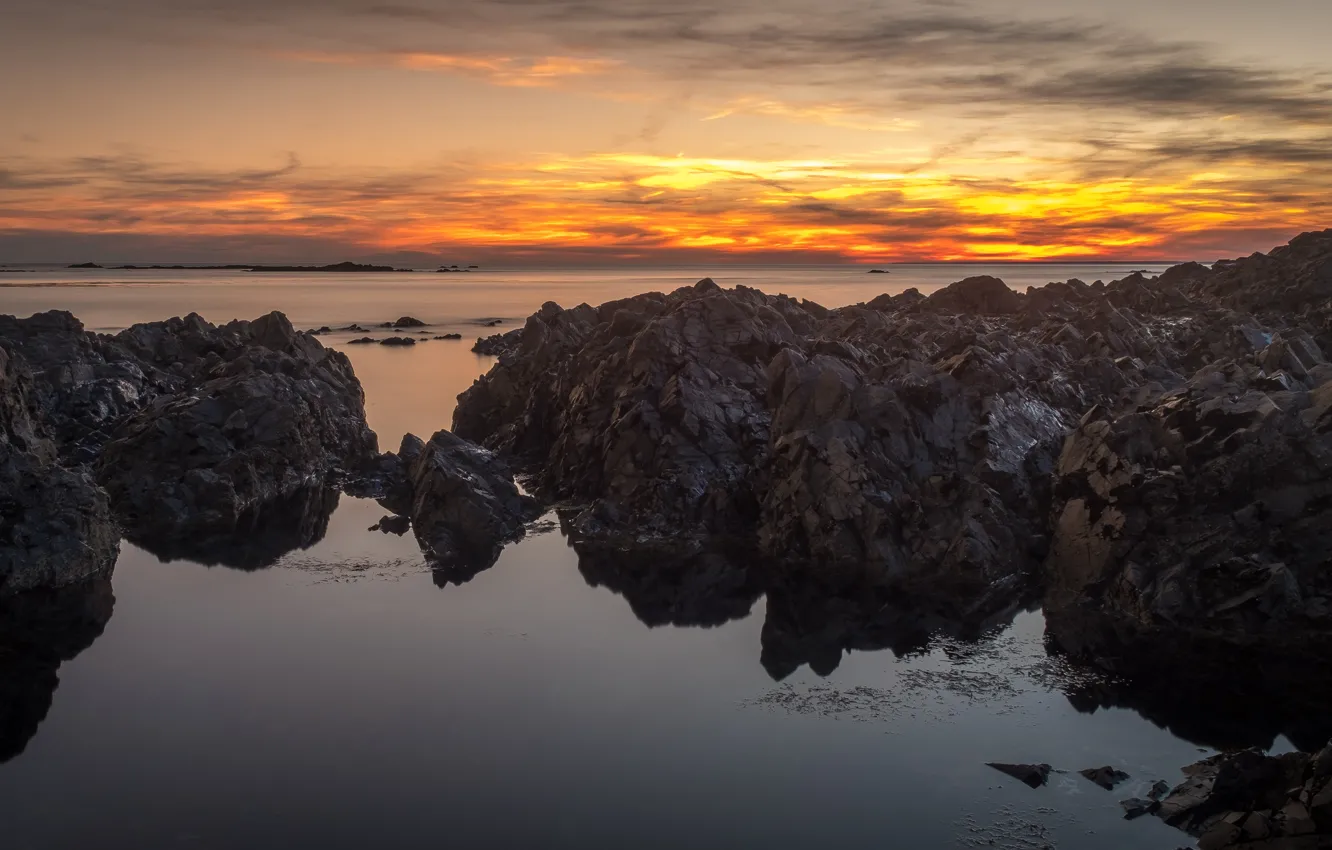Photo wallpaper sea, clouds, landscape, sunset, nature, reflection, stones, rocks