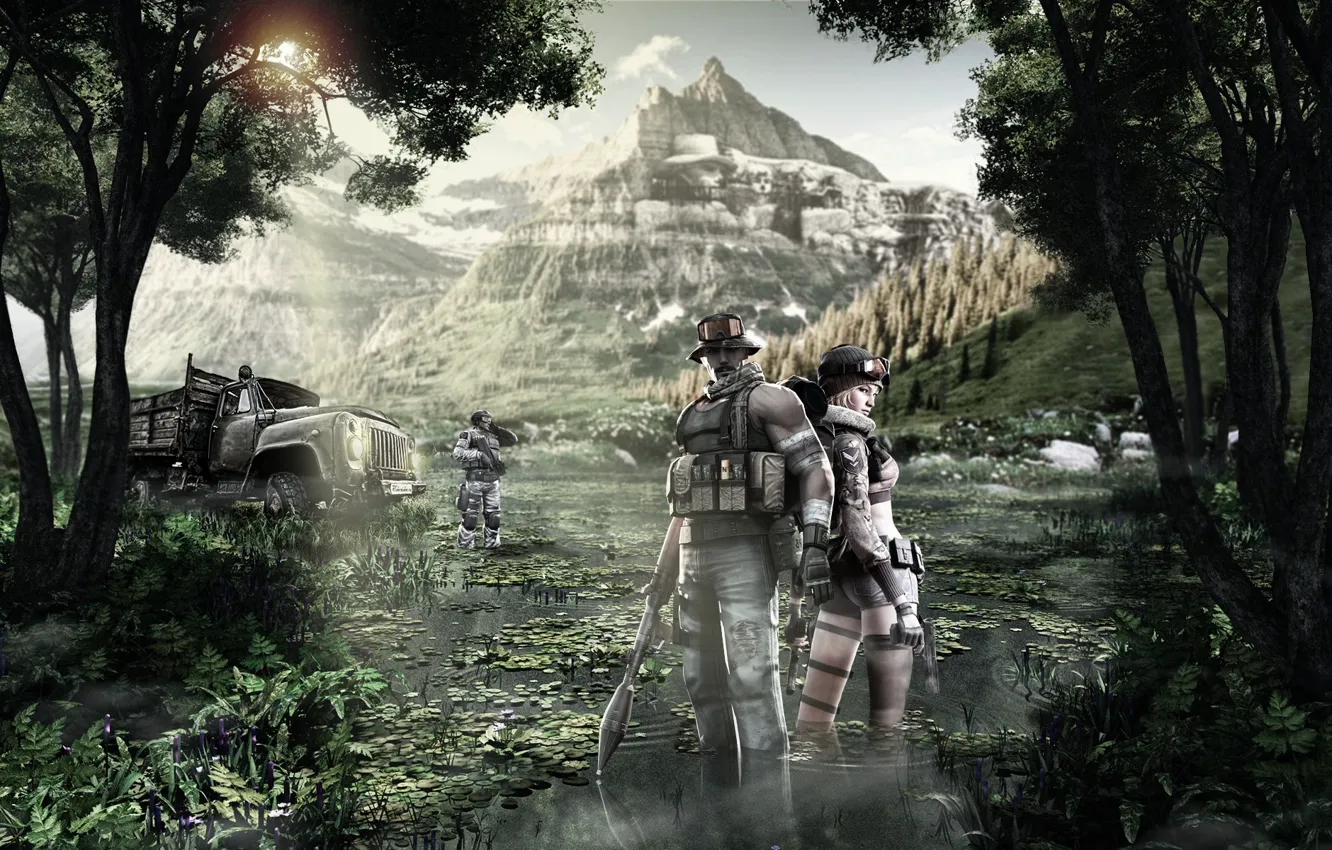 Photo wallpaper trees, mountains, the game, art, games, shooter, Alexander Malkin, action