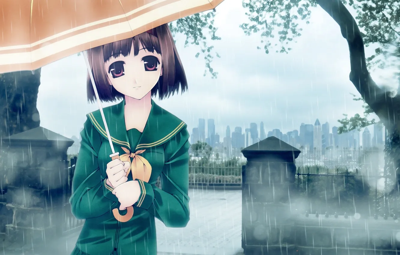 Photo wallpaper trees, the city, umbrella, rain, anime, girl