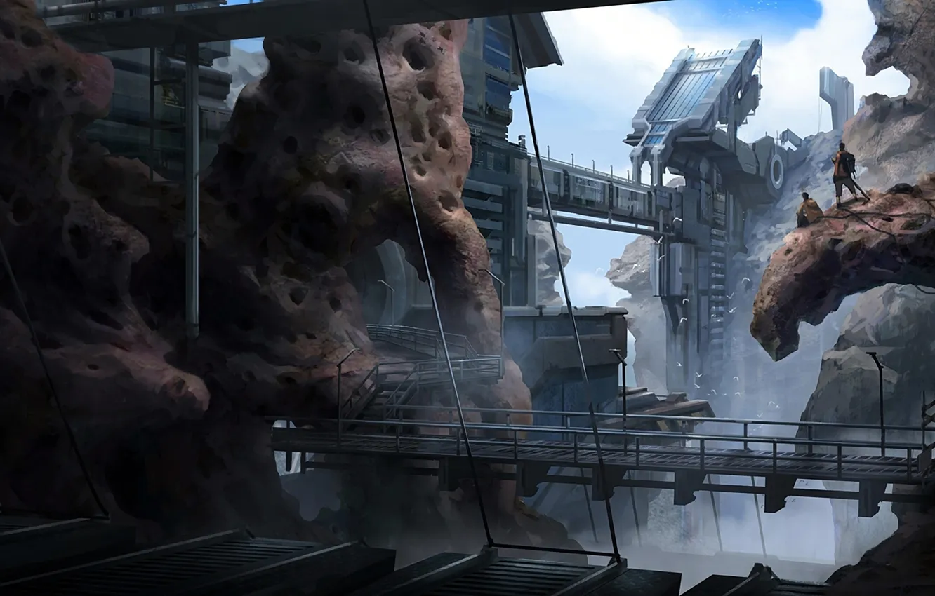 Photo wallpaper rocks, bird, plant, people, construction, art, haze, gateway