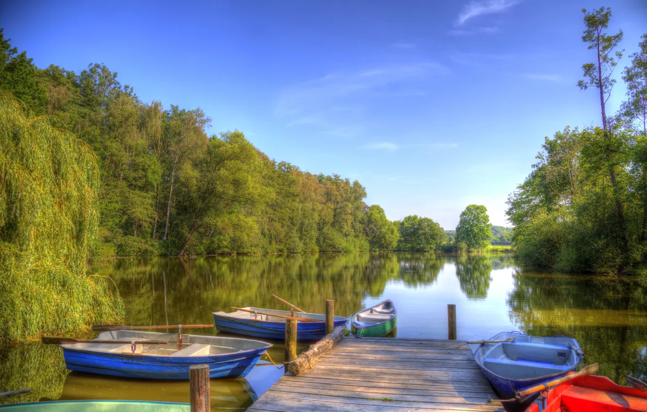Photo wallpaper forest, the sky, trees, lake, boats, hdr