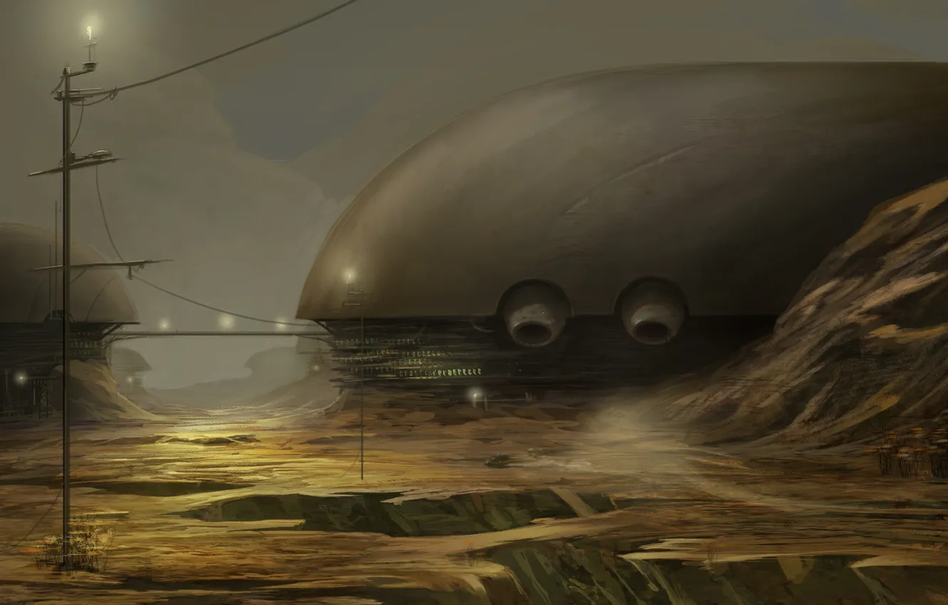 Photo wallpaper mountains, lights, posts, wire, desert, building, structure