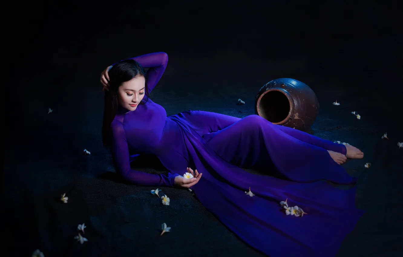 Photo wallpaper purple, girl, the dark background, dress, lies, Asian, ceramic vessel