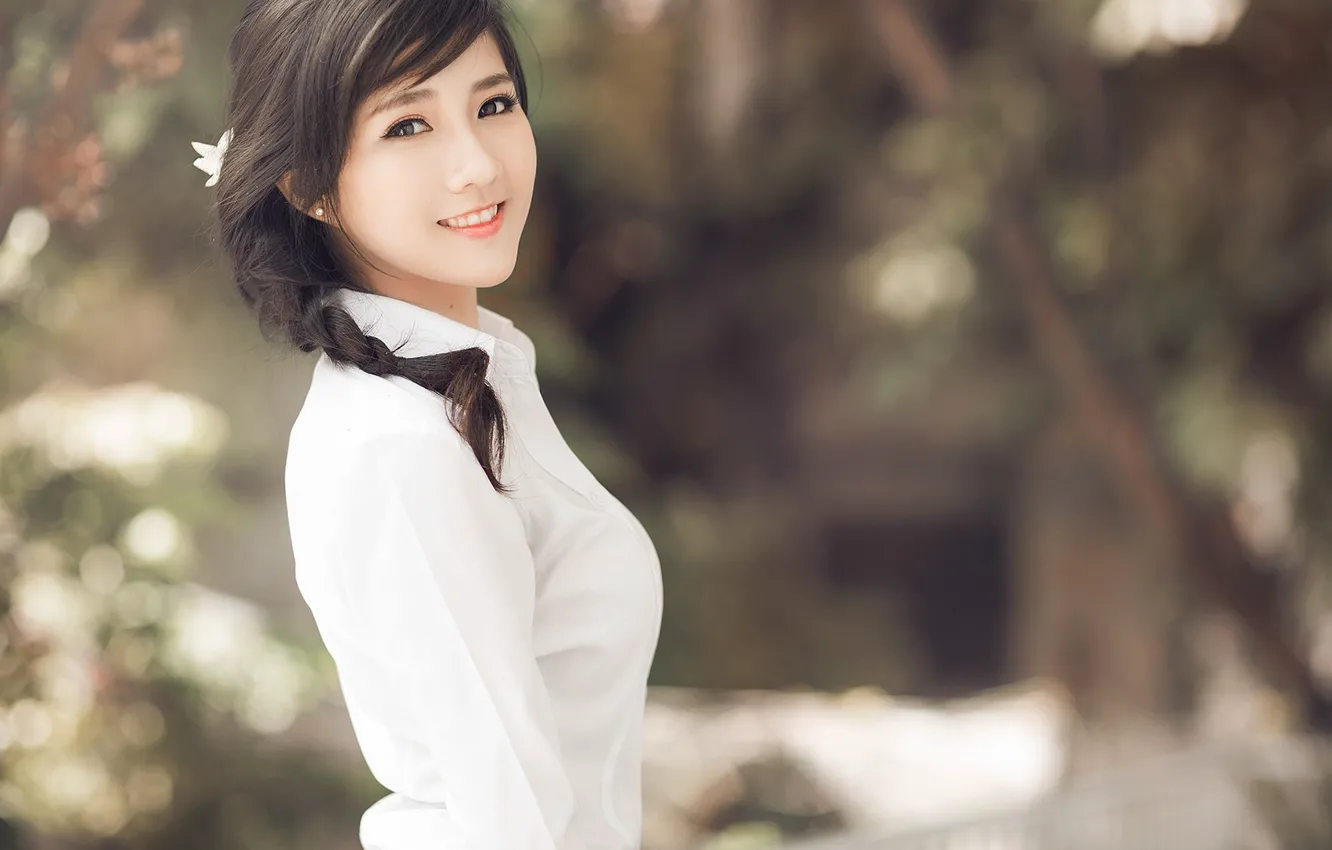 Photo wallpaper girl, smile, Asian, in white