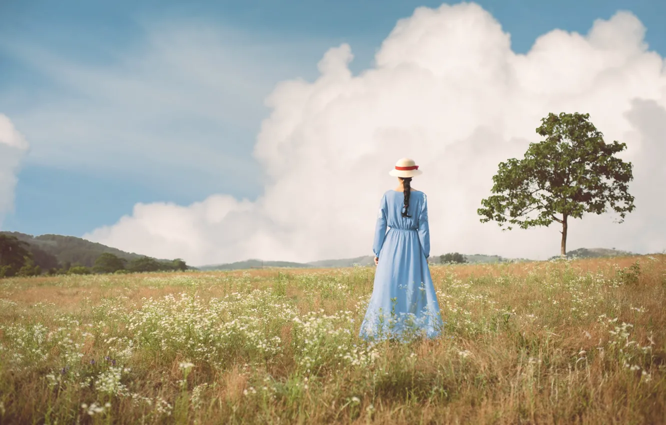 Photo wallpaper field, summer, girl, clouds, nature, tree, back, hat