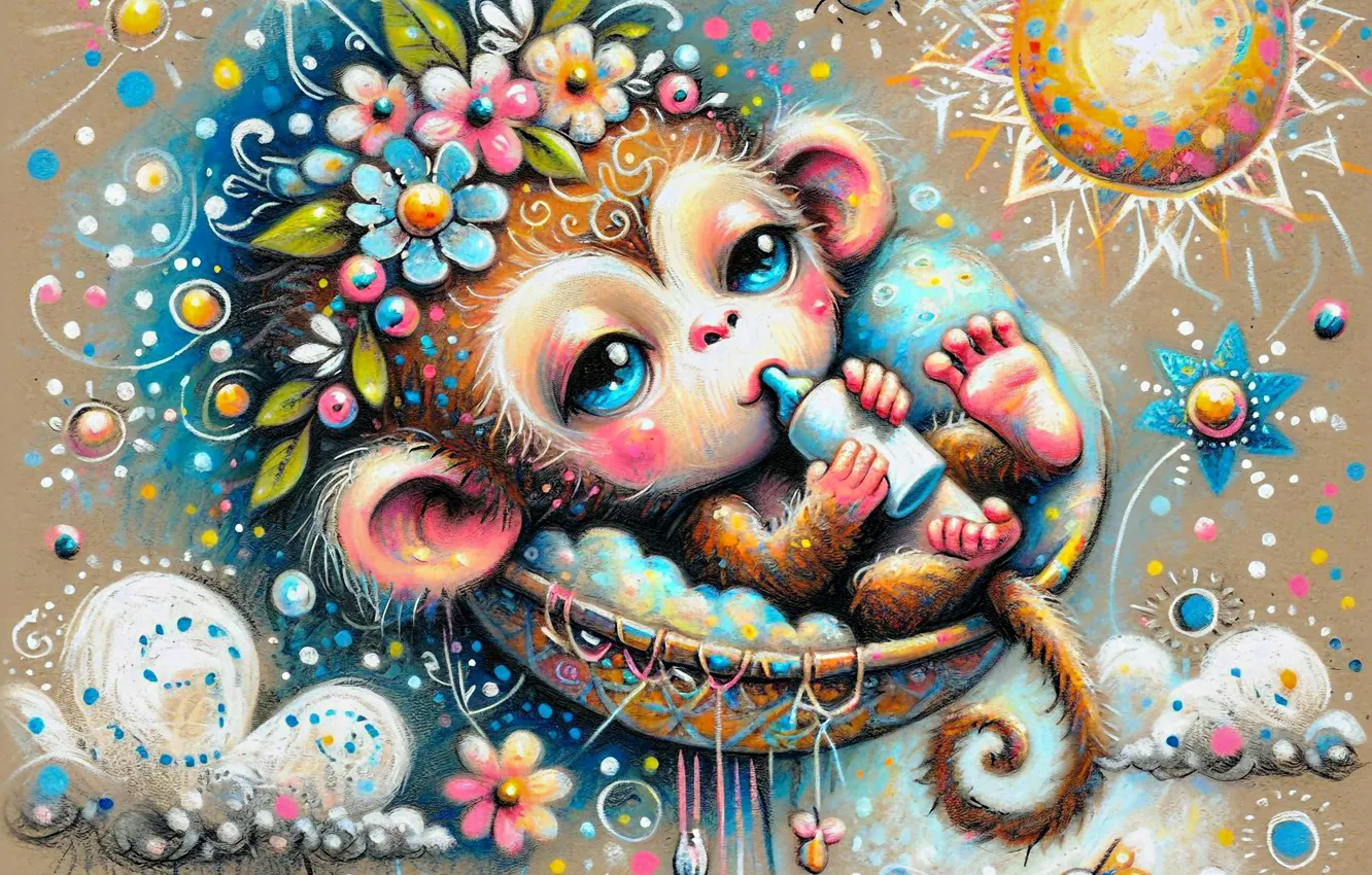 Photo wallpaper styling, monkey, monkey, bottle, AI art, neural network