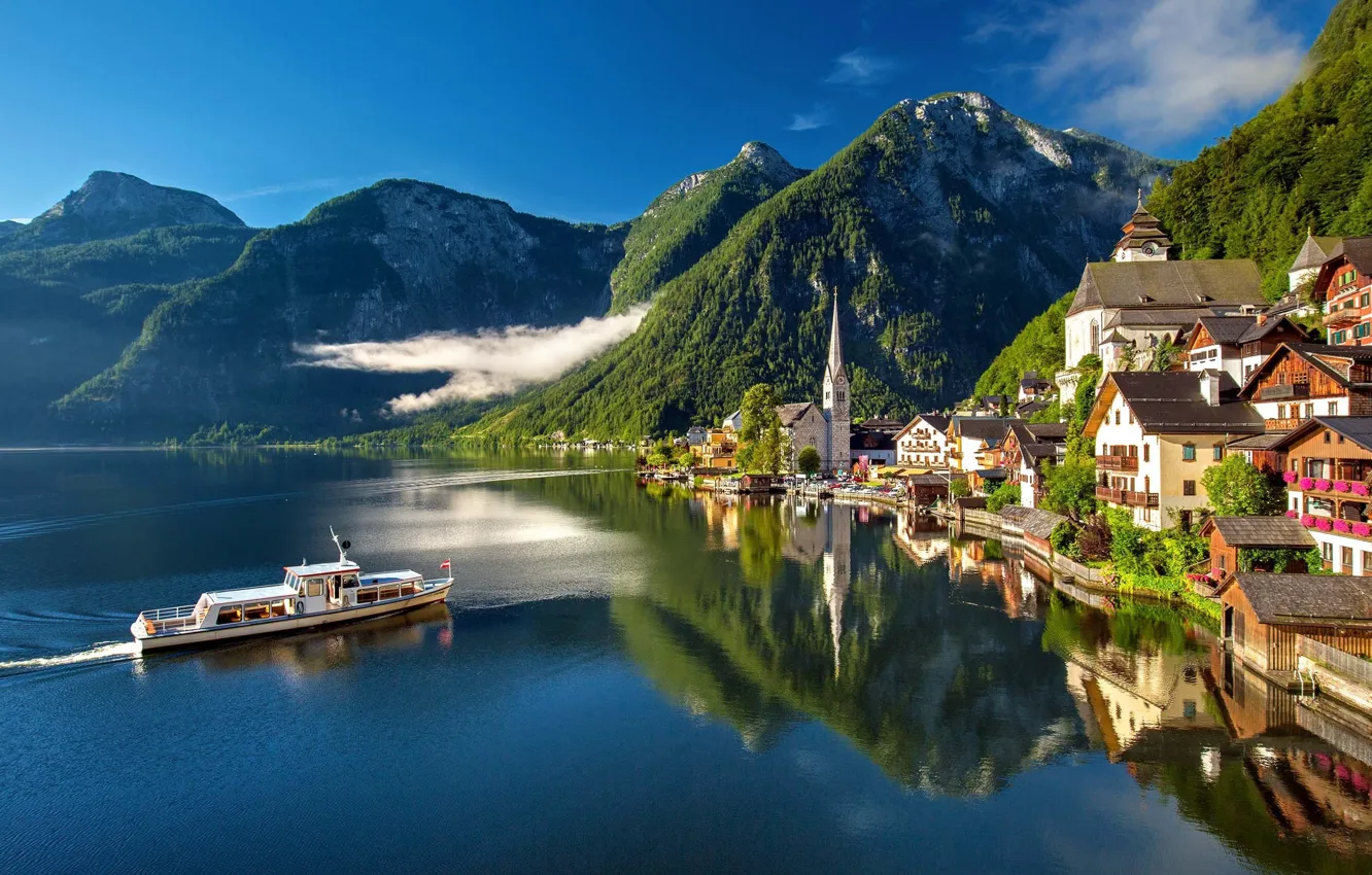 Photo wallpaper clouds, mountains, the city, lake, reflection, ship, home, Austria
