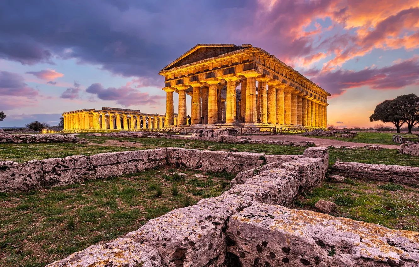 Photo wallpaper the evening, Italy, Temples of Paestum