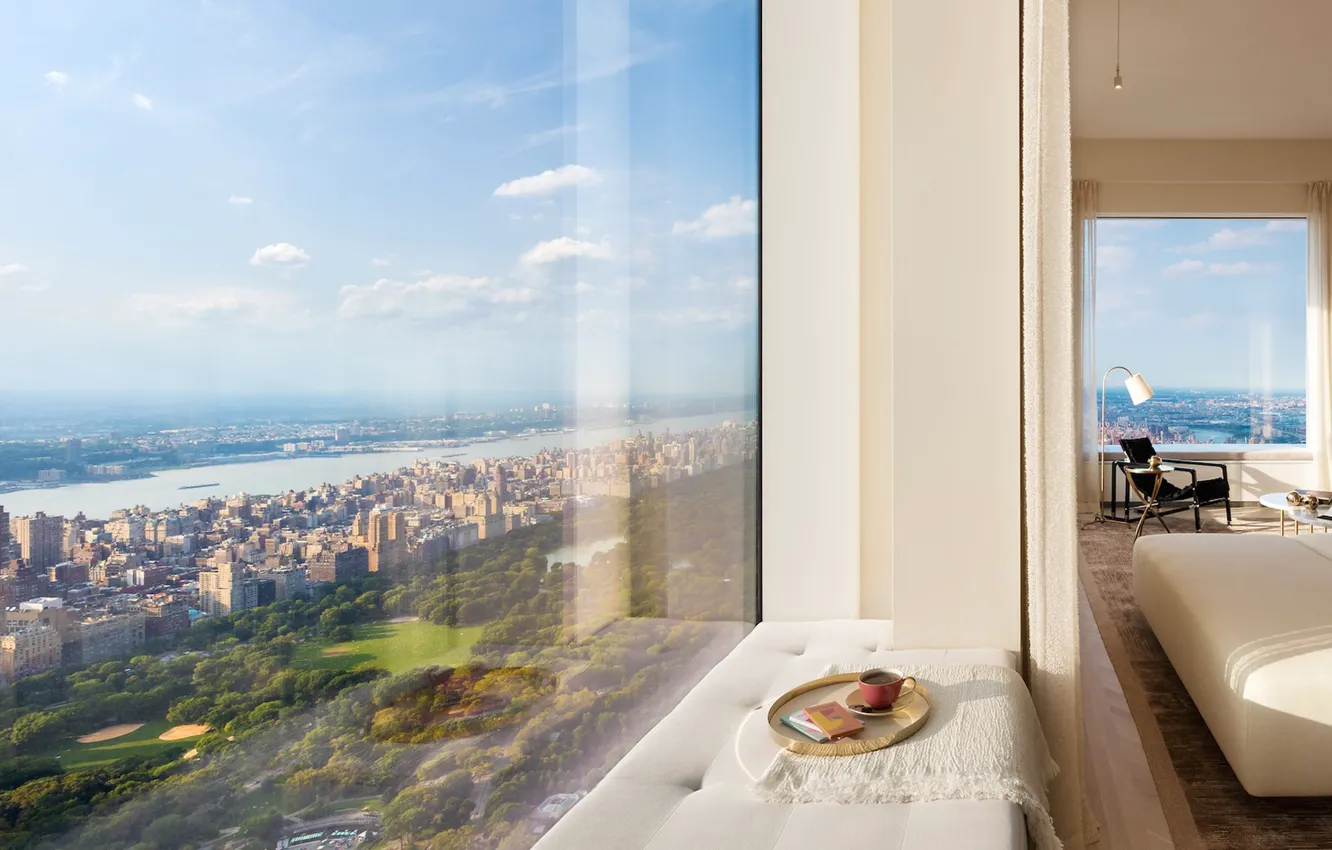 Photo wallpaper windows, river, landscape, style, food, New York, New York City, cup, chair, Central Park, interior, …
