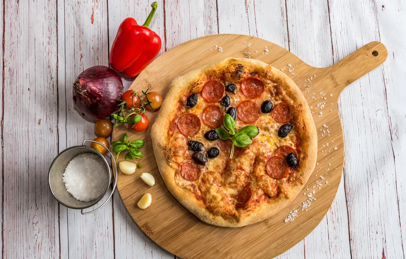 Photo wallpaper bow, pepper, pizza, sausage, salt, Bulgarian, cutting Board
