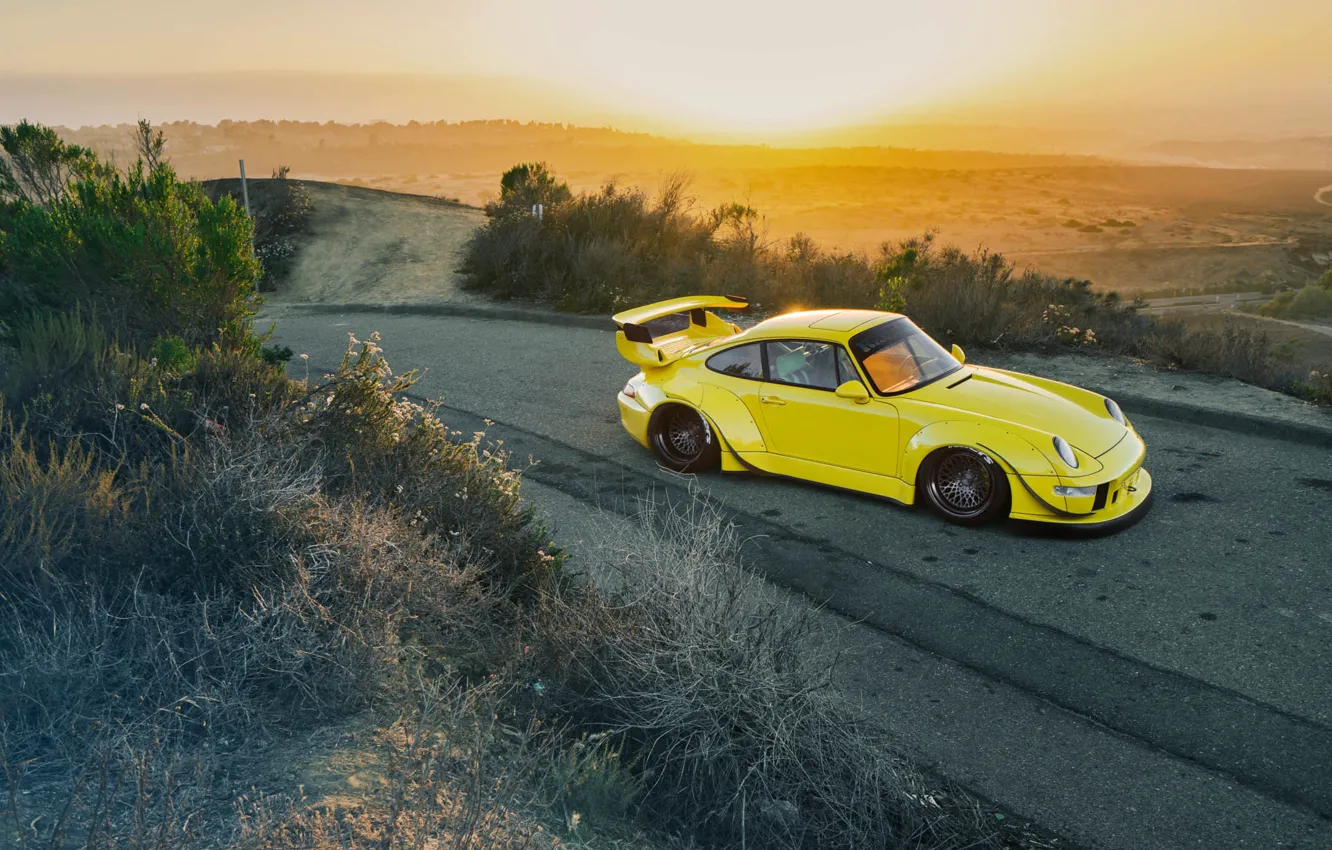 Photo wallpaper Porsche, Yellow, 964, Turbo, Road, RWB