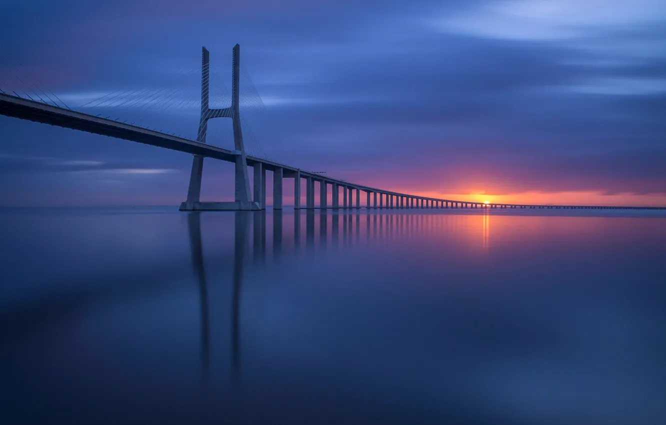 Photo wallpaper the sky, the sun, bridge, coast, Portugal, Lisbon