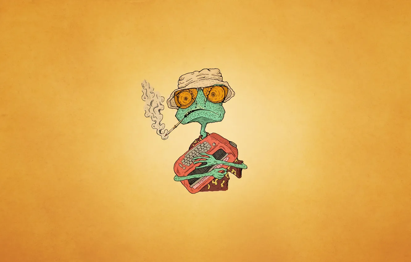 Photo wallpaper chameleon, hat, smoke, glasses, cigarette, typewriter, orange background, johnny Depp