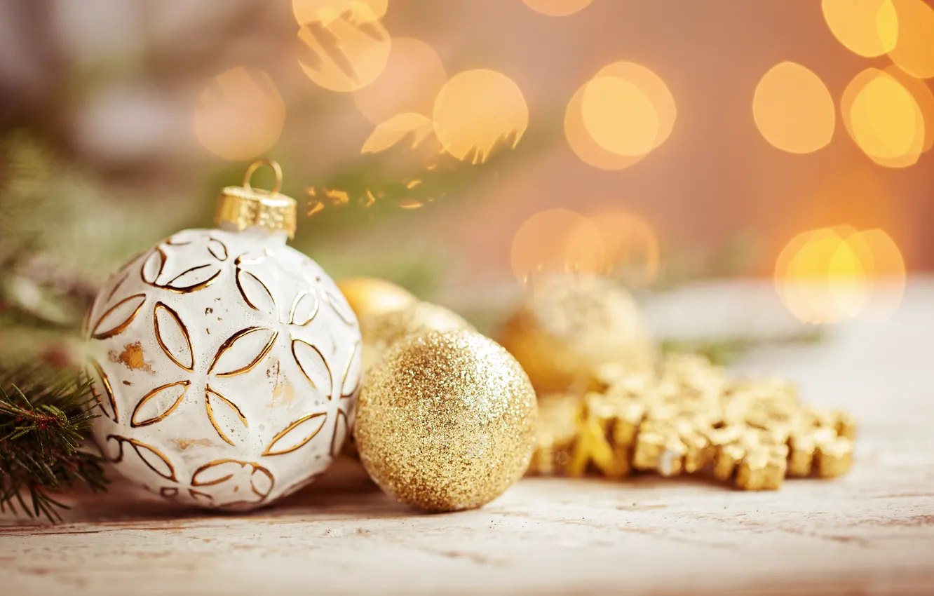 Photo wallpaper balls, snowflakes, gold, holiday, New year, decor