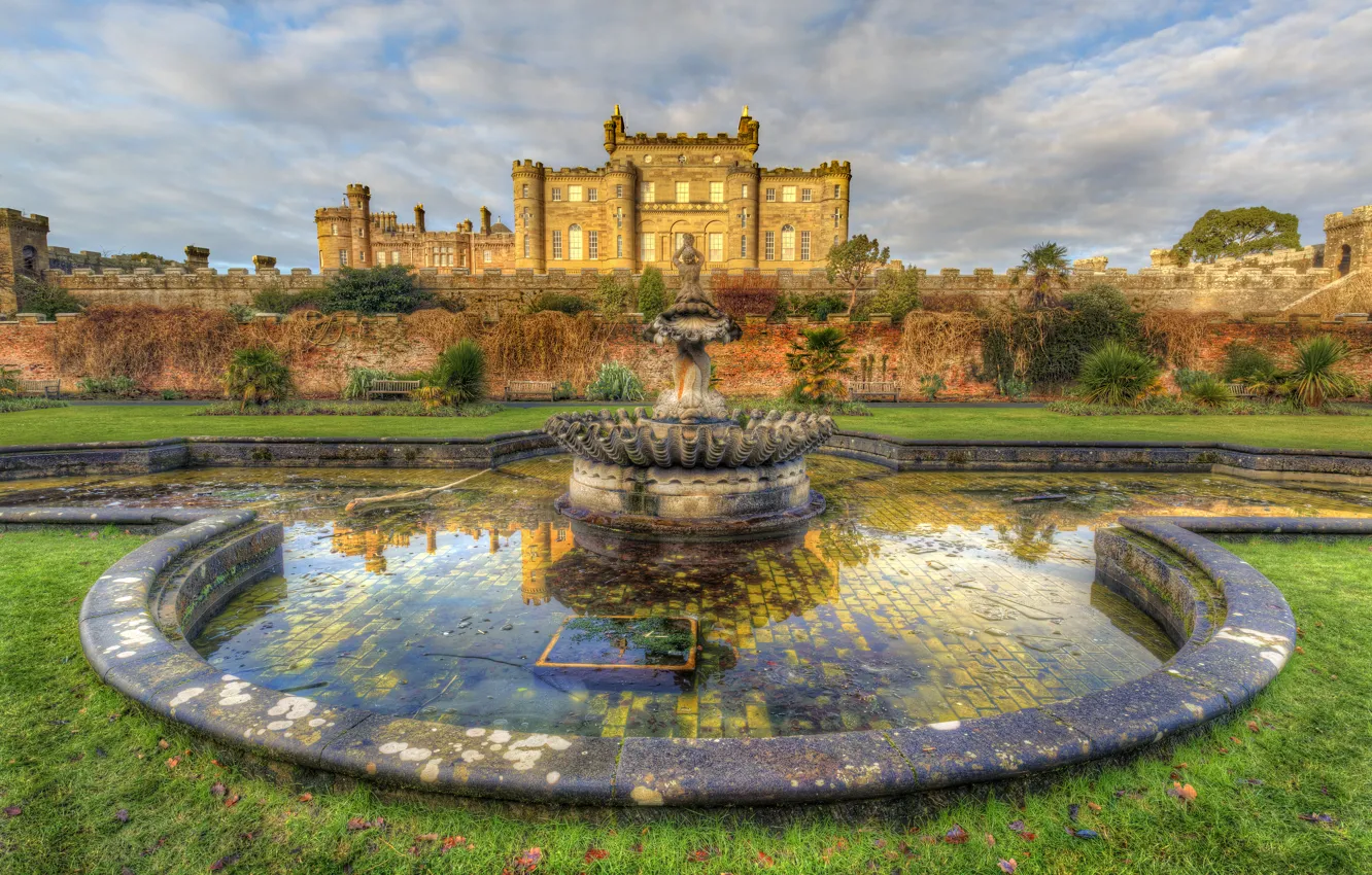 Photo wallpaper bench, design, castle, wall, lawn, Scotland, fountain, Culzean Castle