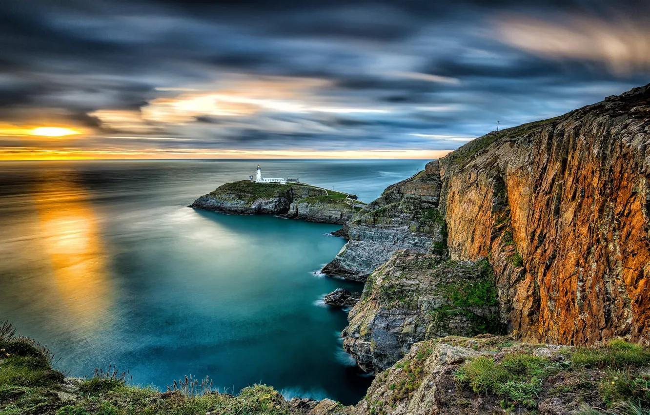 Photo wallpaper sea, sunset, rocks, lighthouse, island, England, England, Wales