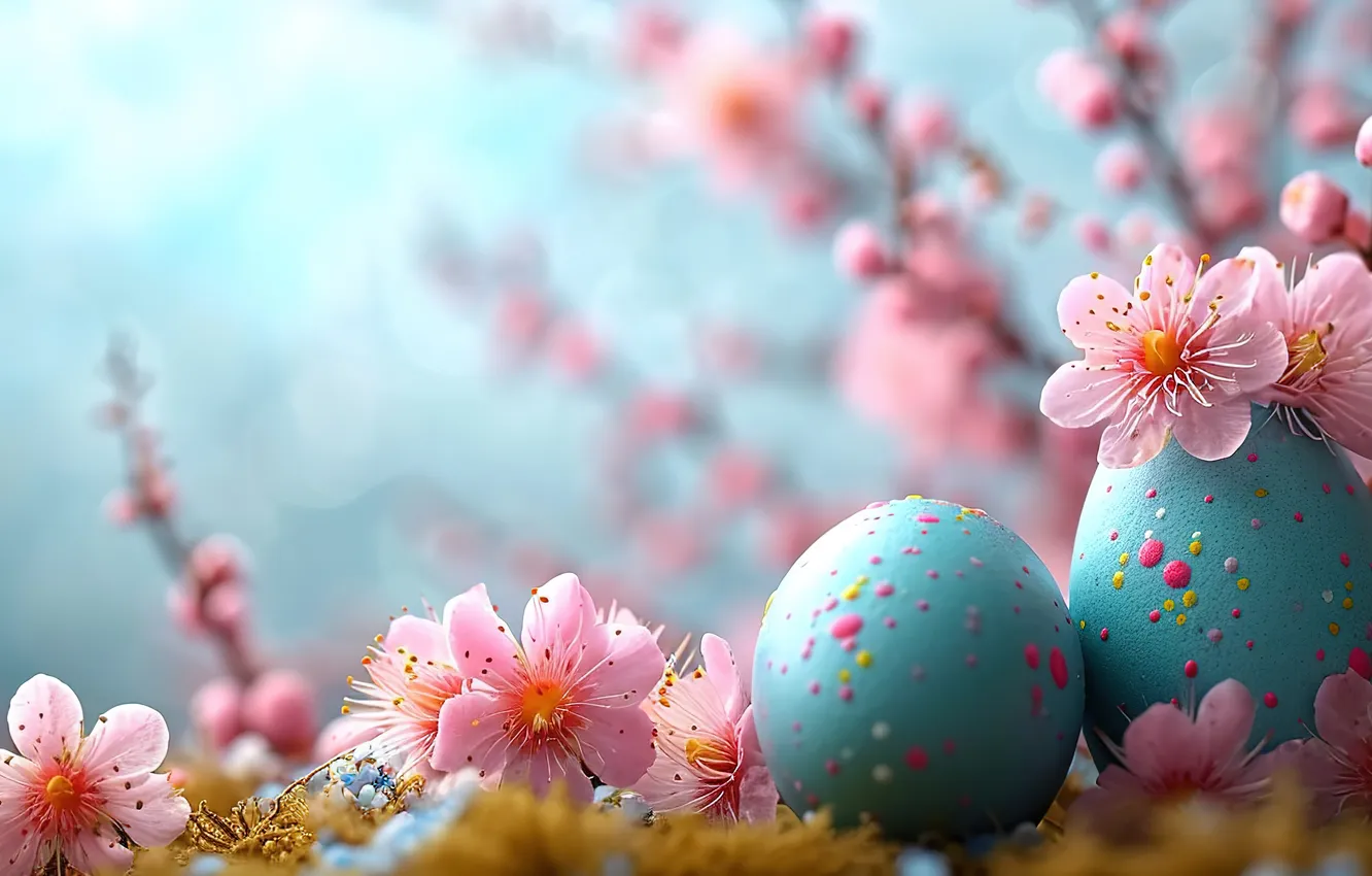 Photo wallpaper flowers, eggs, spring, colorful, Easter, pink, flowers, spring