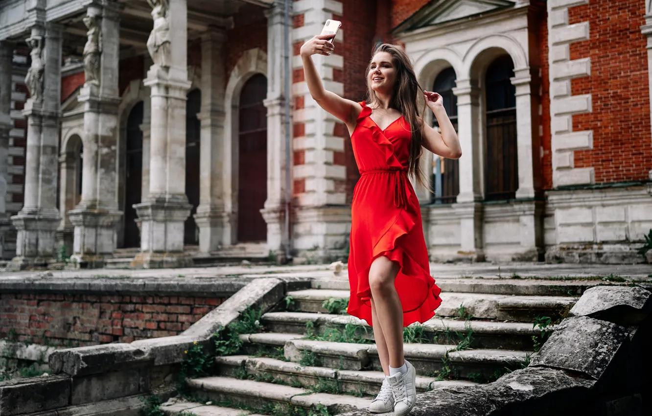 Photo wallpaper pose, model, portrait, makeup, figure, dress, hairstyle, ladder