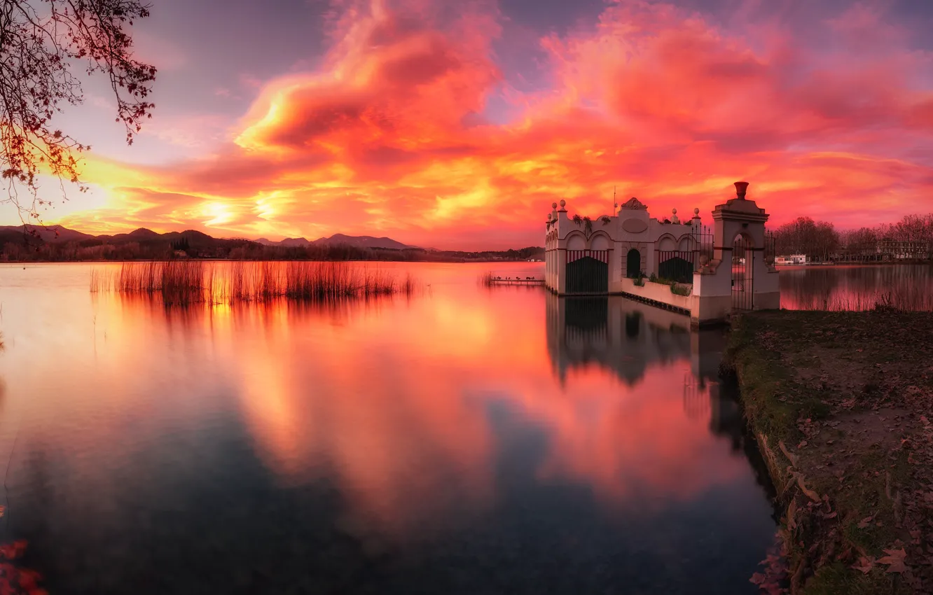 Photo wallpaper autumn, clouds, sunset, branches, lake, reflection, hills, shore