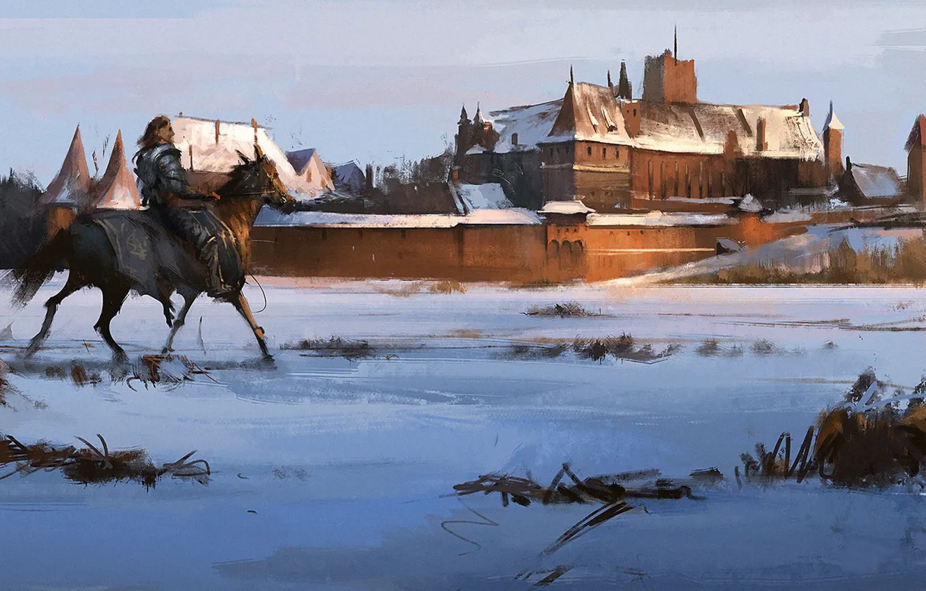 Photo wallpaper winter, castle, wall, horse, art, rider, fortress