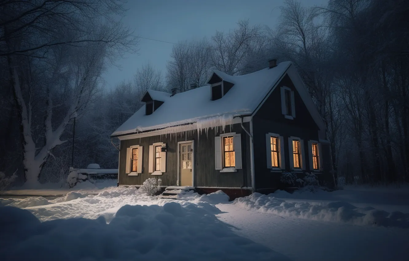 Photo wallpaper winter, forest, snow, night, frost, house, house, hut