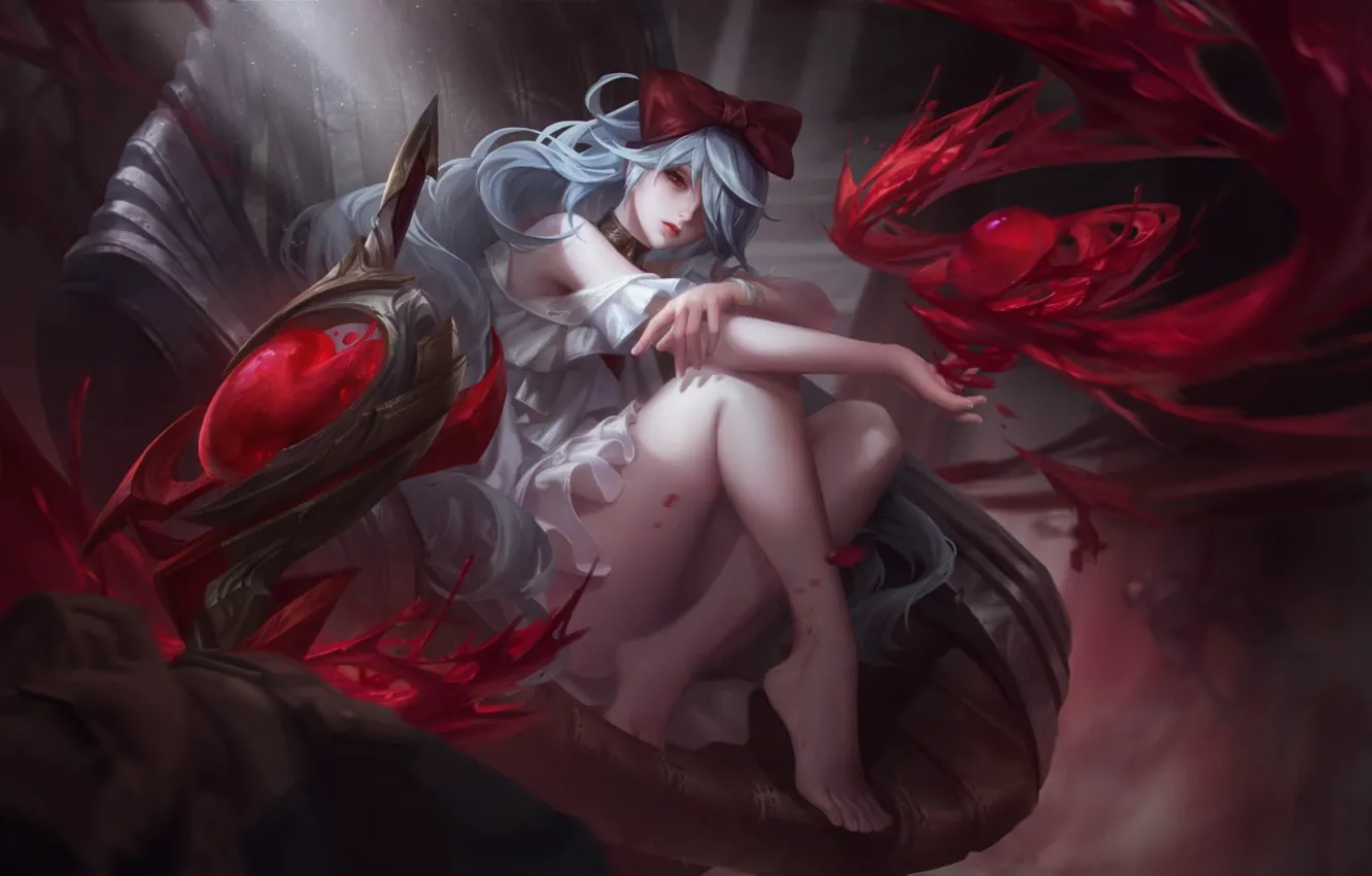 Photo wallpaper sadness, girl, magic, blood, bow, arena, witchcraft, white dress