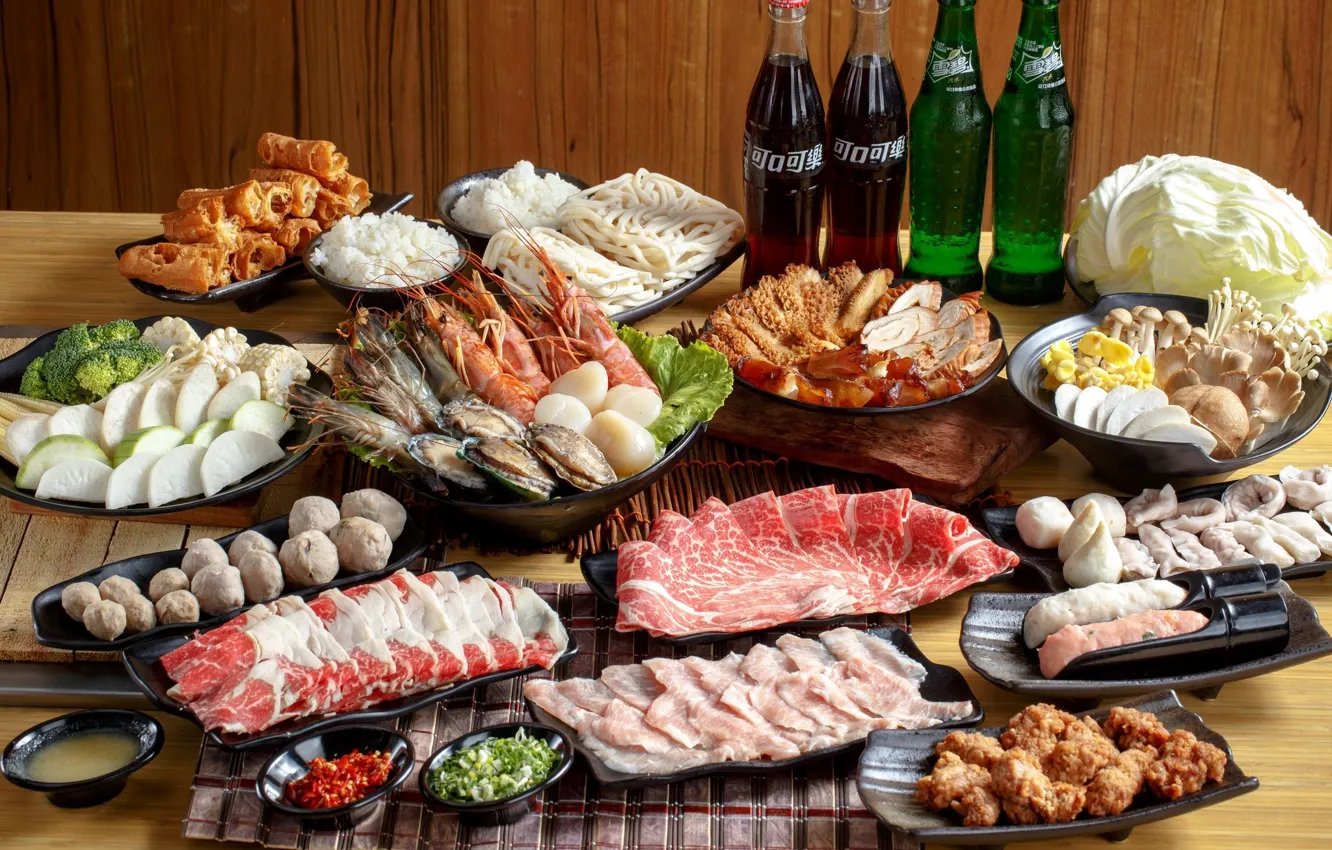 Photo wallpaper mushrooms, bottle, meat, drink, dish, cutting, serving, Asian cuisine