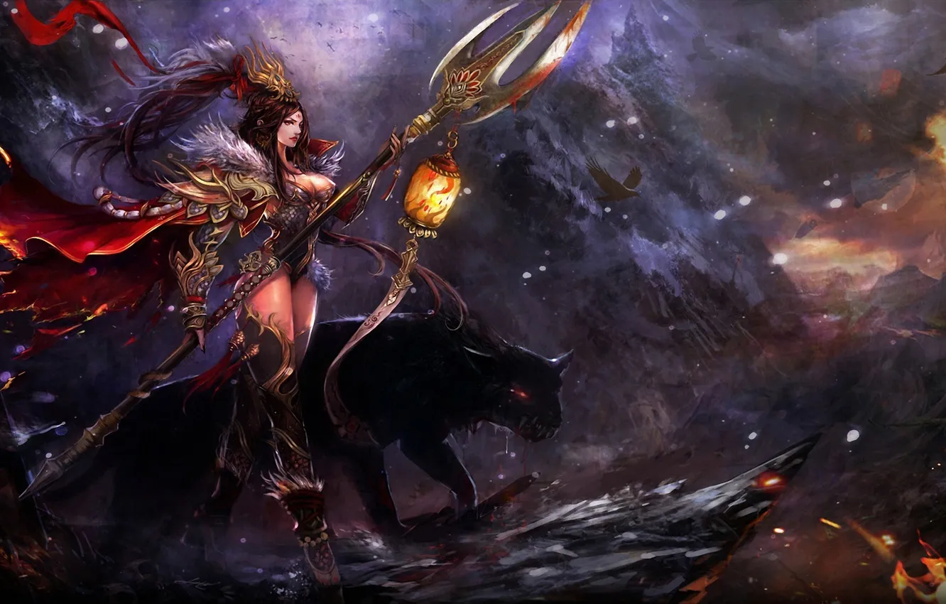 Photo wallpaper cat, girl, weapons, rocks, monster, art, wild