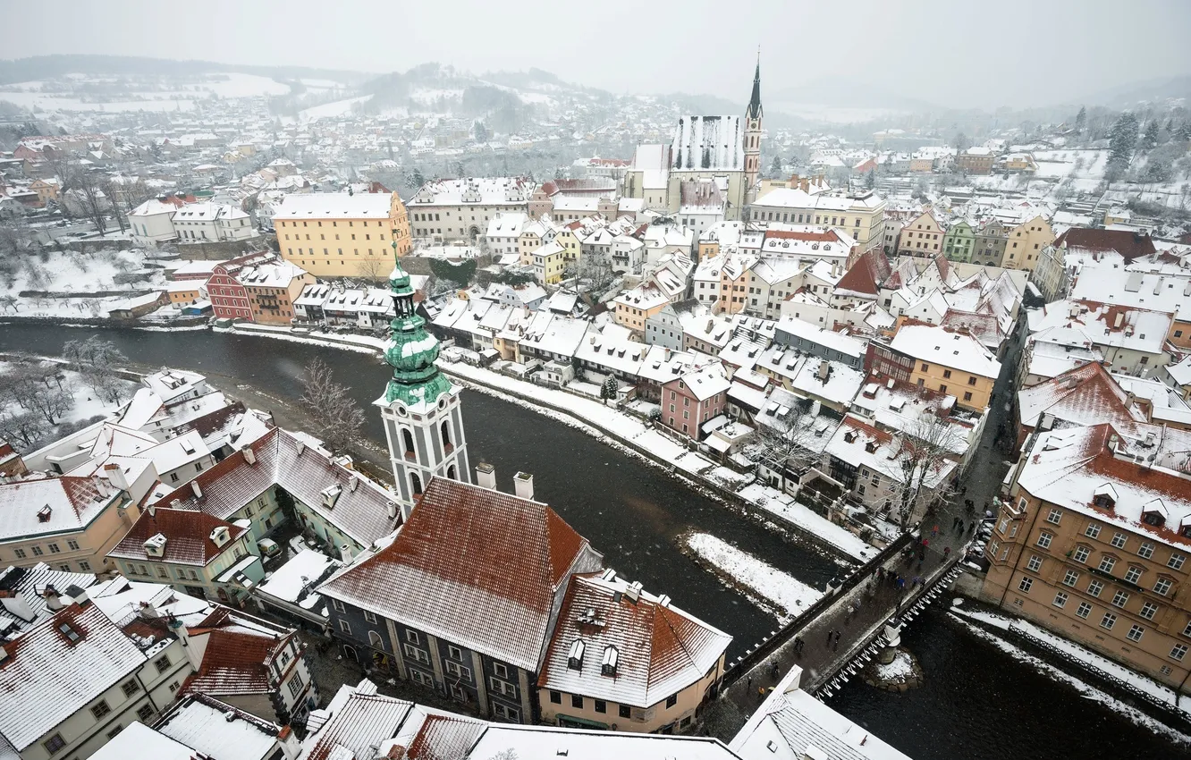 Photo wallpaper winter, snow, bridge, the city, river, building, home, roof