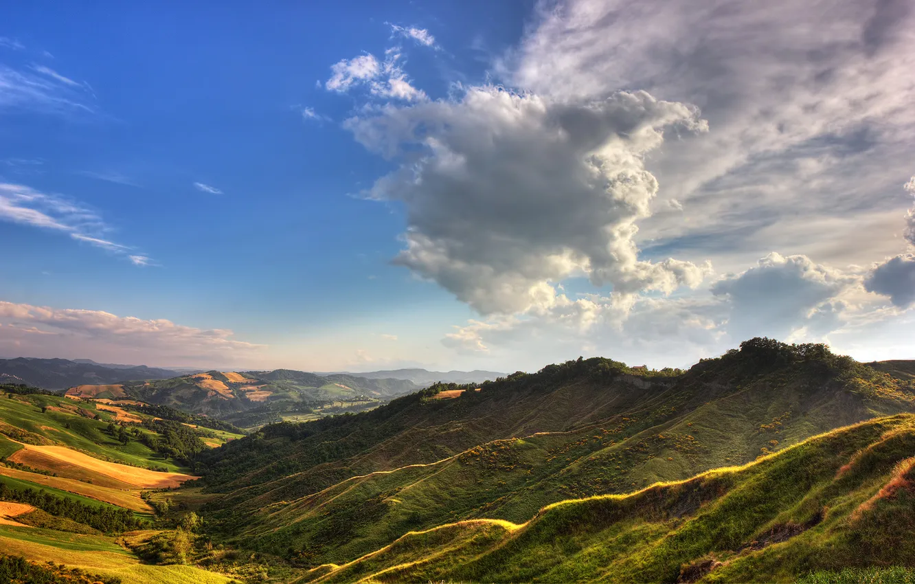 Photo wallpaper landscape, cloud, mountain, tree, hills