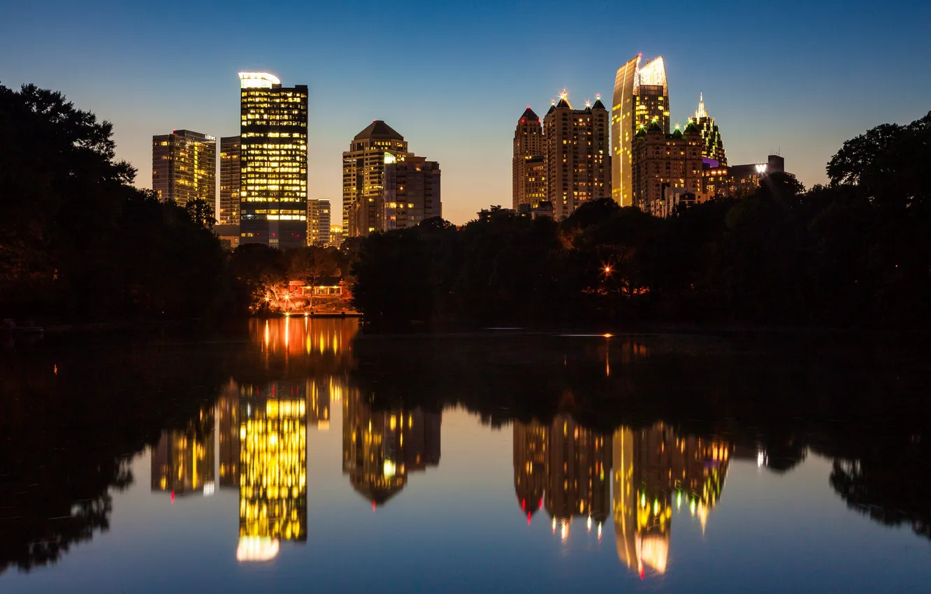 Photo wallpaper night, the city, lake, Park, Midtown, Atlanta, Piedmont Park