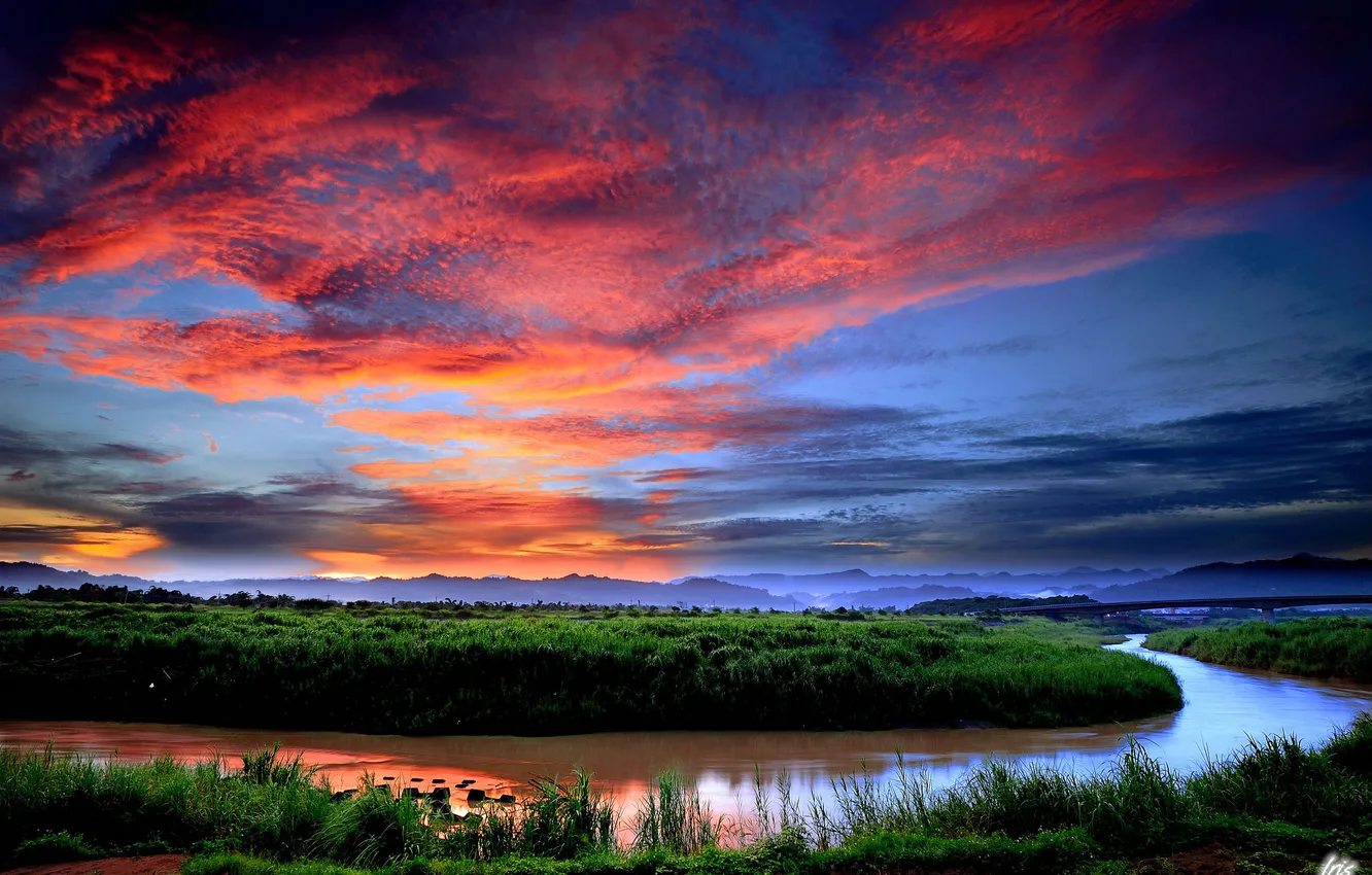 Photo wallpaper greens, the sky, clouds, sunset, river, the evening, turn