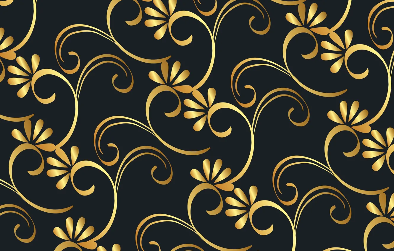 Photo wallpaper flowers, background, pattern, black, golden, gold, background, floral